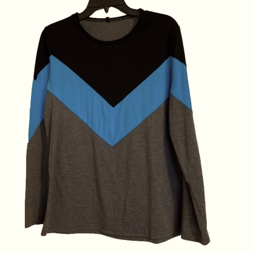 Contrast Round Neck T-Shirt , Women’s XL, Black Blue Gray